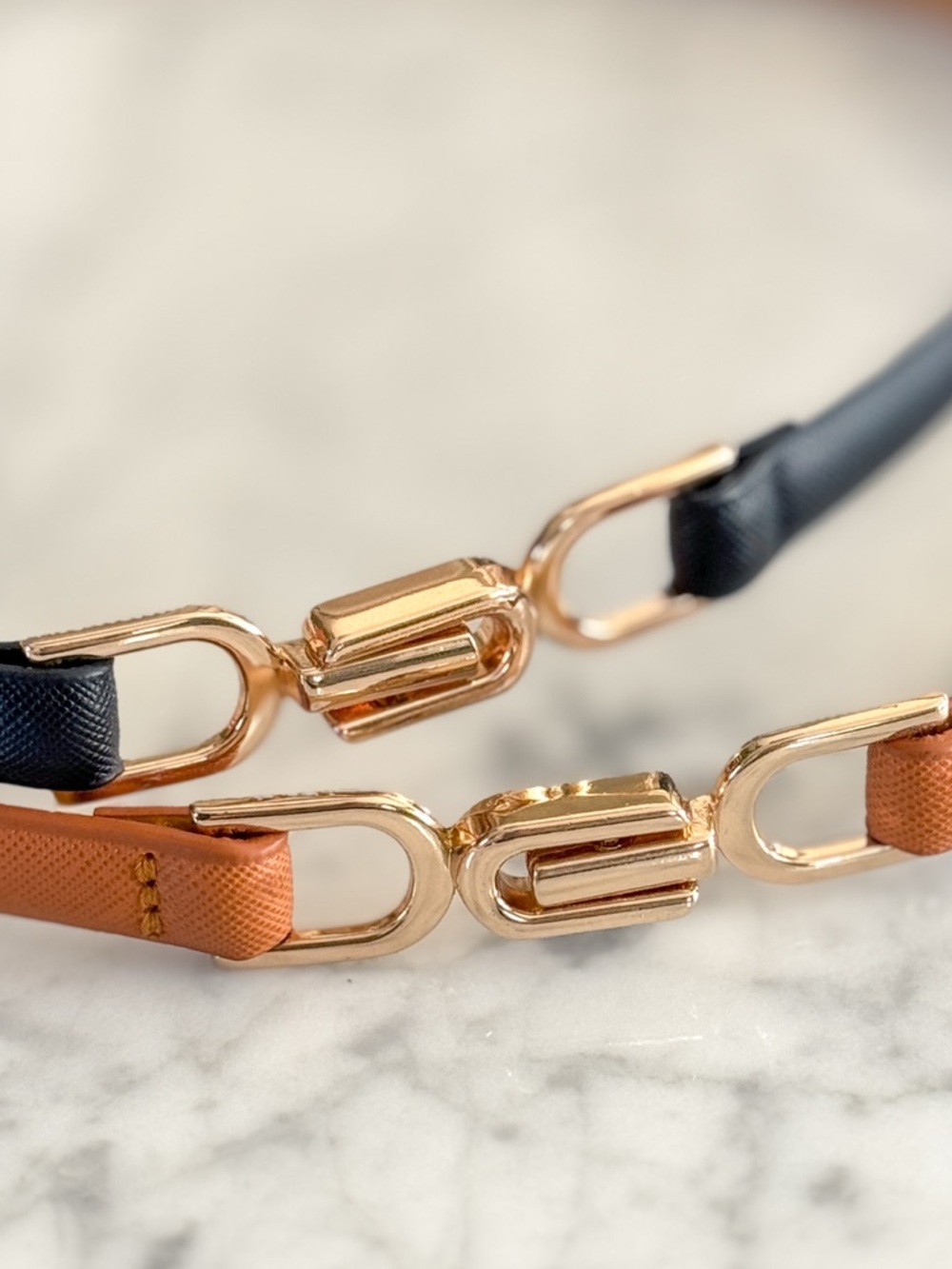 Adjustable Faux Leather Skinny Belts — Set of 2 — Black & Tan — up to 37”